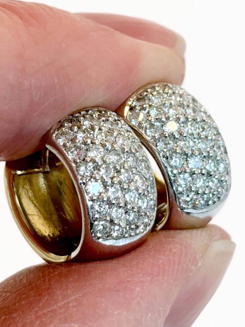 Diamond Earrings, Huggie Hoops, 14K Gold, Pave Set, Two Tone, White Gold Yellow